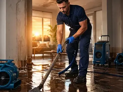Technician working an extraction wand across a floor covered in standing water