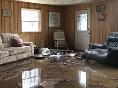 Storm and flood water spread across a living room floor