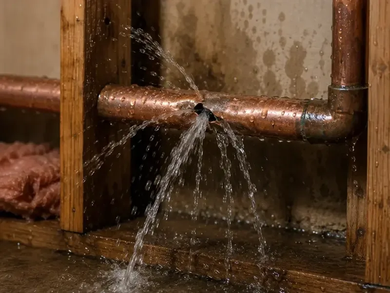 Split supply pipe spraying water inside a house