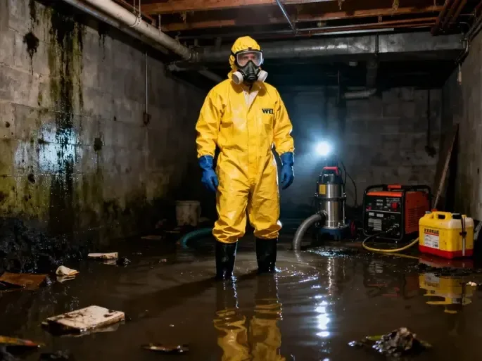 Worker in a protective suit and respirator inside a flooded lower level after a sewage backup
