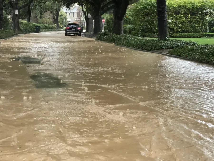 Muddy storm runoff rushing down a tree-lined residential street