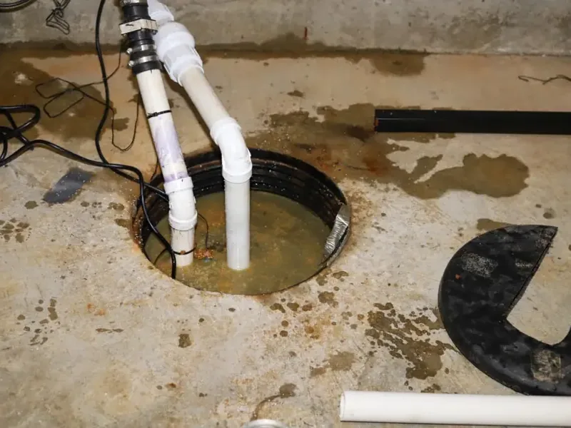 Failed sump pump sitting in a water-filled basement pit
